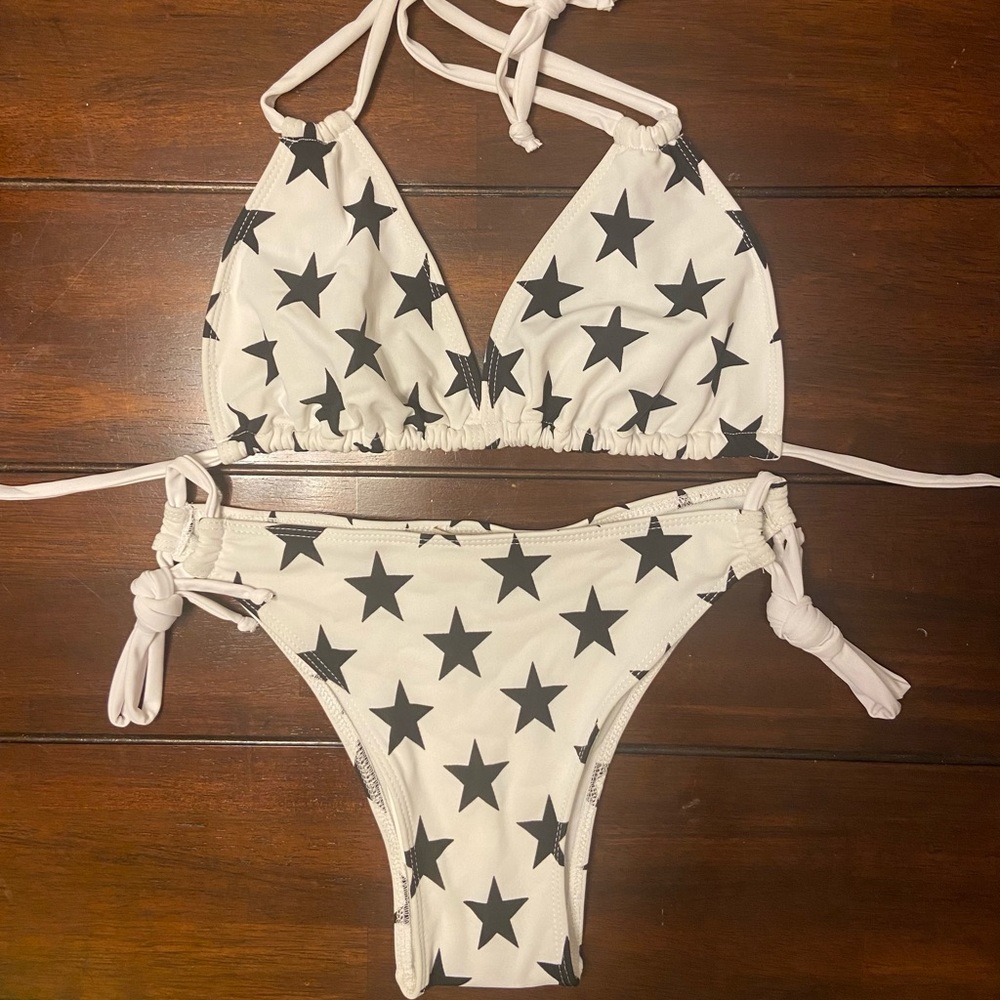 White with Black Stars print string bikini